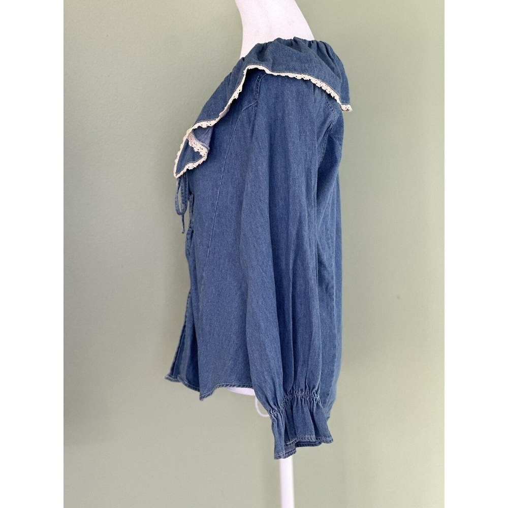 Vtg Denim Shirt Big Lace Collar Cottagecore Cowgirl Granola Girl Lace Up Sz L M‍ - Picture 6 of 10